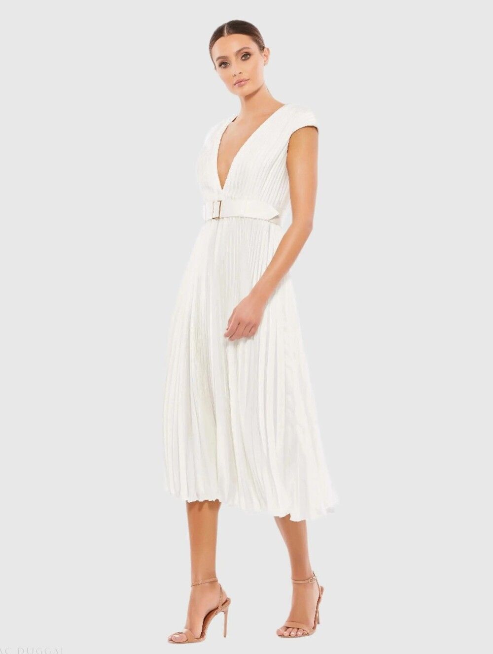 NWT Mac Duggal White Pleated Cap Sleeve Belted A Line Dress Size 0